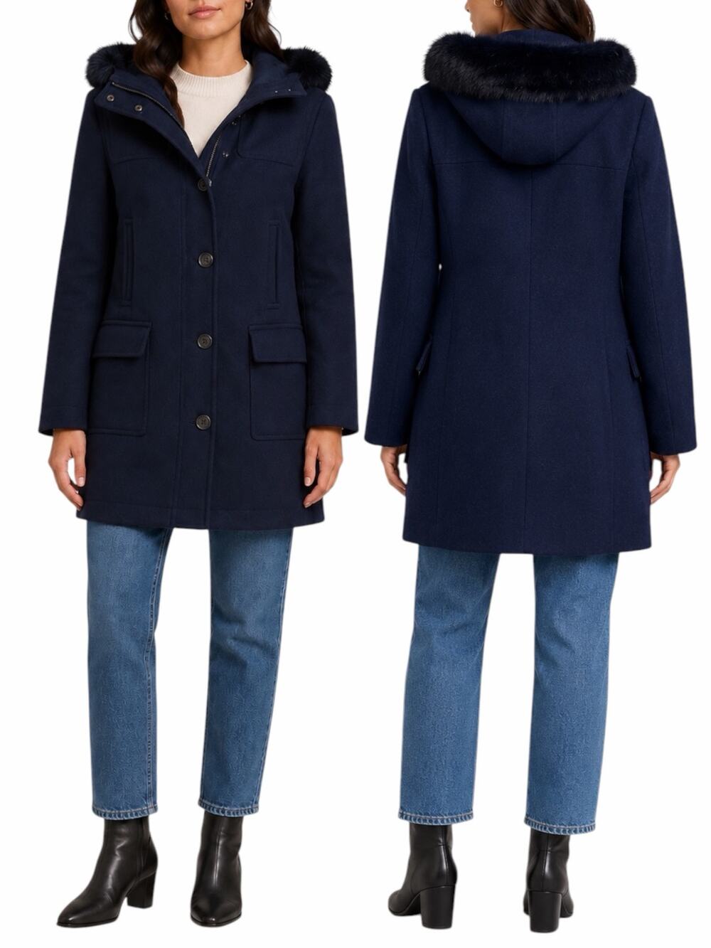 Ann Taylor Weekend Collection Faux Fur Trim Wool Duffle Coat Blue Size M